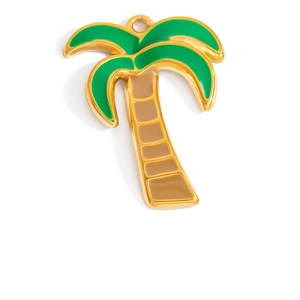 Detailed close-up of a gold coconut tree pendant with green enamel for DIY jewelry making