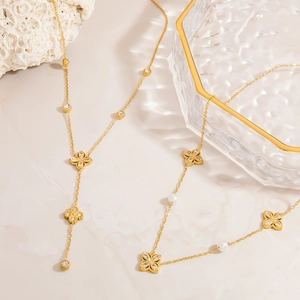 Luxe Roestvrij Staal 18K Verguld Ketting Voor Vrouwen Elegante Klavertje Vier Hart Zirkonia Kunstparel Hanger Trui Ketting
