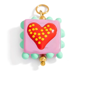 Pink enamel square pendant with heart pattern and gold metal accents for DIY jewelry