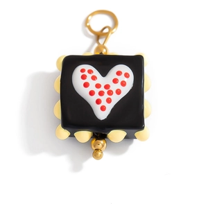 Handmade square glass heart pendant with colorful dots and gold hanging loop