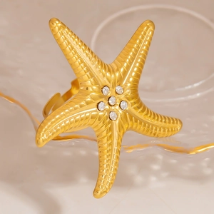 Bague étoile de mer vintage dorée 18K avec cristaux brillants et design texturé