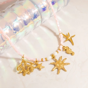 Ocean Theme Beaded Necklace With Sun Seahorse Starfish Gold Charms Pink Natural Stone Faux Artificial Pearl Clavicle Chain For Women