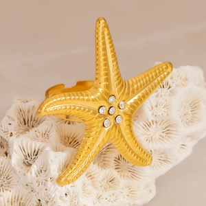 Bague étoile de mer dorée à l'or 18 carats avec cristaux et anneau ajustable