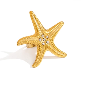Bague étoile de mer ajustable plaquée or 18 carats avec strass blancs et détails ciselés