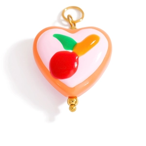 Cute pink heart cherry fruit charm pendant in stainless steel with golden accents