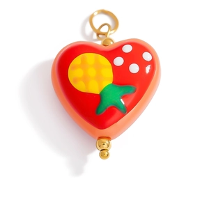 Hand-painted heart-shaped pendant featuring a yellow pineapple pattern on red glaze