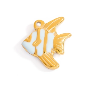 Ciondolo pesce tropicale in acciaio inossidabile oro 18K con dettagli in smalto bianco