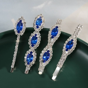 Exquisite Zinc Alloy Rhinestone Hair Clip Fashion Navette Blue Crystal Side Clip Hair Accessories For Women Daily Party Wedding Elegant Headwear