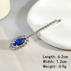 Silver hair clip with blue marquise crystal and white rhinestones, size 6.2cm by 1.2cm
