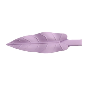Matte purple leaf-shaped metal hair clip with detailed vein texture on white background