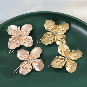 Korean Style Alloy Flower Hair Clip For Women Gold Rose Gold Rhinestone Side Pin Elegant Metal Flower Hair Accessory