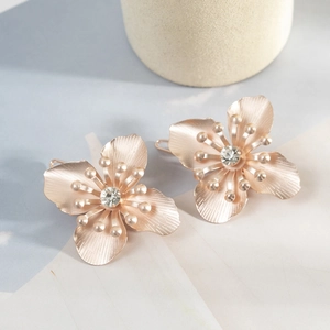 Set of 2 rose gold flower hair clips with brushed texture petals and center crystal
