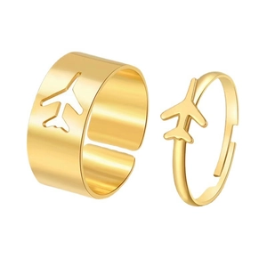 Vintage gold plane and heart adjustable couple rings set with hollow aircraft design