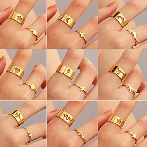 Vintage Metal Adjustable Open Ring Matching Couple Rings For Women Hollow Out Airplane Heart Star Moon Jewelry Gifts