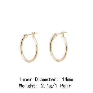 Detail view of gold hoop earrings with 14mm inner diameter and 2.1g weight display