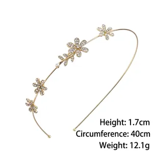 Elegant gold metal headband with sparkling rhinestone flowers and white pearls for women