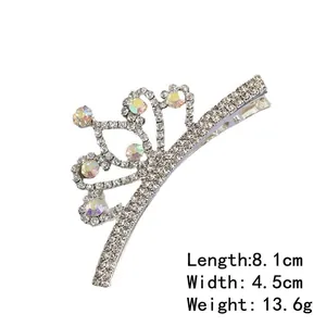 Pince à cheveux couronne argentée avec strass scintillants, bec de canard courbé, 8,1 cm