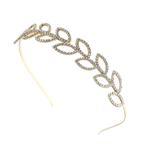 Elegant gold leaf headband with sparkling rhinestones for bridal weddings and parties
