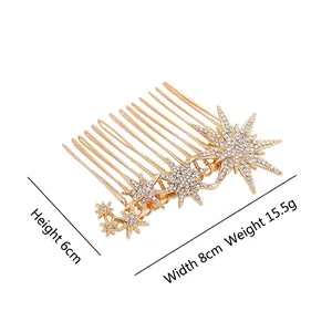 Golden alloy snowflake hair comb with sparkling white rhinestones for elegant styling