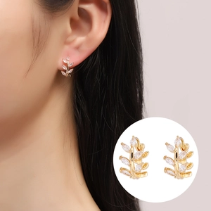 French style gold leaf earrings with micro-inlaid marquise zircons for women