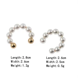 Minimalist C-shaped pearl ear cuffs with gold metal beads for non-pierced ears