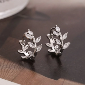 Elegant Copper Leaf Hoop Earrings With Marquise Micro Zirconia French Style Branch Earrings Fashion Jewelry For Women