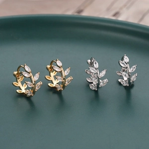 Leaf hoop earrings with micro-set marquise zircons in gold and silver plating