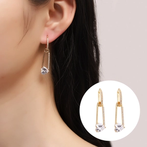 Chic safety pin drop earrings for women with heart-shaped zircon and pave setting