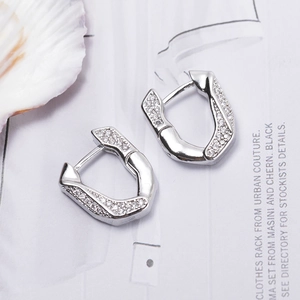 U-shaped silver earrings with geometric lines and paved sparkling zircons for women