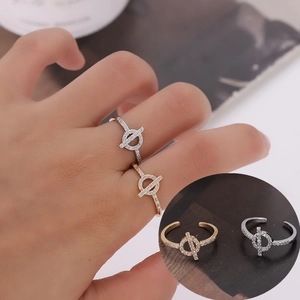 Minimalist Geometric Copper Open Ring For Women Elegant Micro-inlaid Rhinestone Circle Bar Adjustable Fashion Jewelry Gift