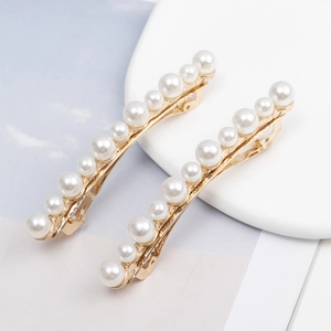 Elegant Gold Alloy Faux Artificial Pearl Spring Hair Clip Gradient White Beads Ponytail Barrette For Women Wedding Party Jewelry