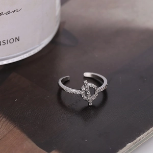 Elegant geometric silver-plated copper open ring with micro-pave cubic zirconia crystals