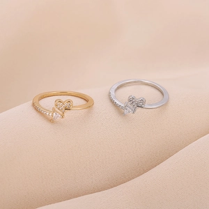 Elegant gold and silver heart and triangle rings with zircon inlays for women