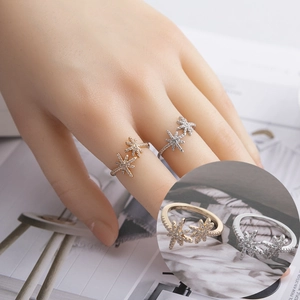 Anello Aperto a Stella in Rame Stile Coreano per Donna Micro Zirconia Esagramma Anello Regolabile Placcato Oro Argento