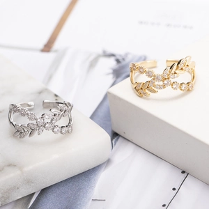 Vintage cross leaf open ring with zircon in silver and gold minimalist design