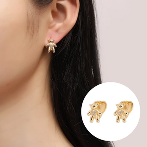 Boucles d'Oreilles Clous Ours Coeur Design de Niche Deux Façons de Porter Strass Animal Tige en Cuivre Or Argent Bijoux