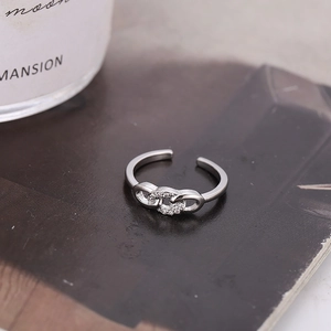 Elegant silver micro-pave zircon open ring with double interlocking circles for women