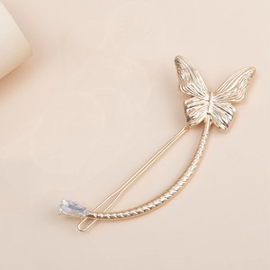 Elegant gold butterfly hair clip with crystal zircon and spiral crescent metal design