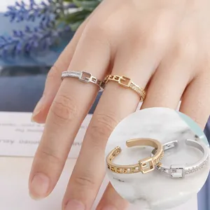 Exquisite Copper G-Shape Buckle Open Ring For Women Fashion Inlaid Rhinestone Adjustable Finger Ring Light Luxury Jewelry Gift
