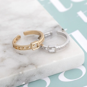 Fashionable micro-inset zircon buckle rings in gold and silver finish with open design