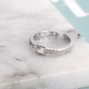 Exquisite silver-toned open ring featuring micro-pave zircon and geometric square buckle design