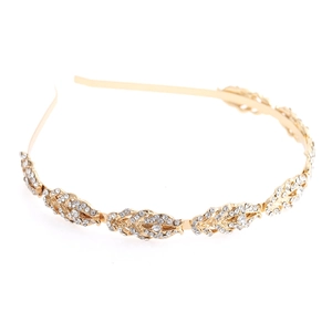 Elegante diadema de metal dorado para mujer con diseño de corona de hojas de diamantes