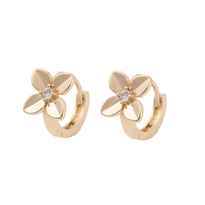 Minimalist gold flower hoop earrings with zircon stones and polished four-petal design