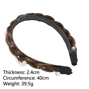 Cerchietto a treccia marrone con perle bianche per donna 2,4 cm altezza 40 cm circonferenza