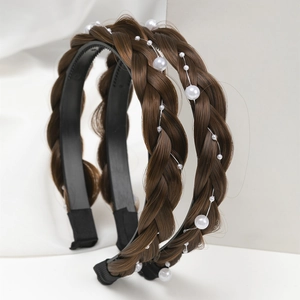 Cerchietto a Treccia in Capelli Sintetici Con Künstliche Perle Finte Denti Antiscivolo Cerchietto per Capelli Marrone Accessori Moda Donna