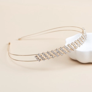 Elegant double-layer gold headband with intricate crisscross rhinestone mesh design
