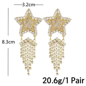 Star tassel rhinestone drop earrings in gold plating with exact size dimensions