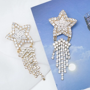 Fashion Exaggerated Star Tassel Drop Earrings For Women Rhinestone Inlaid Metal Alloy Earrings With Stainless Steel Earring Post Jewelry
