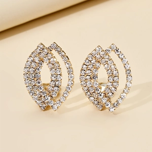 Luxurious geometric marquise stud earrings with full clear crystal pavé in gold finish