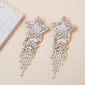 Sparkly star tassel drop earrings with gold plating and rhinestones for party wear